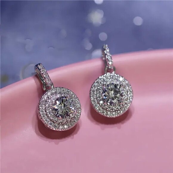 NWT Round Drop Stud Earrings 14K White Gold Plated Cubic Zirconia Double Halo - Picture 1 of 11